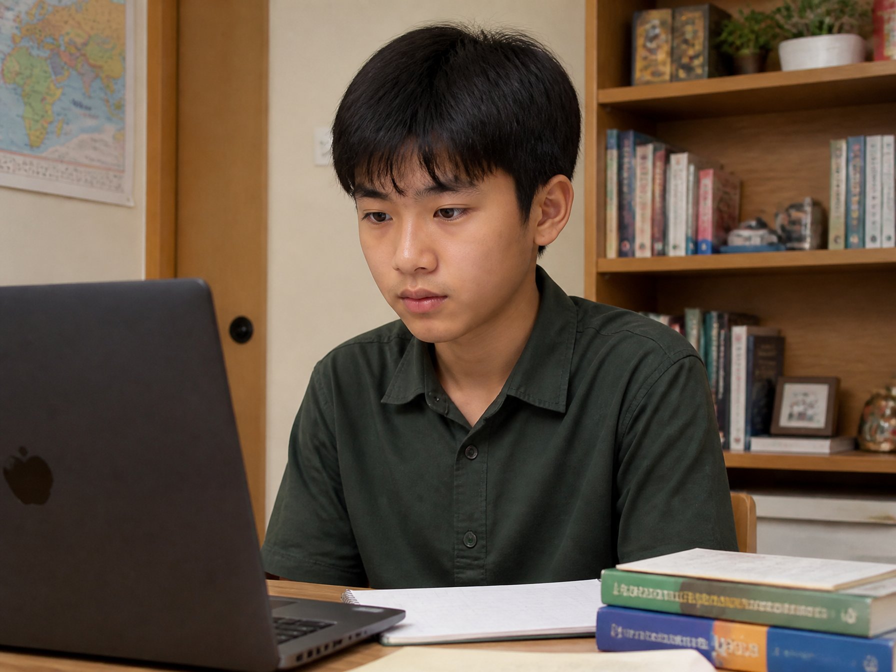 A student focused on an online lesson, taking notes