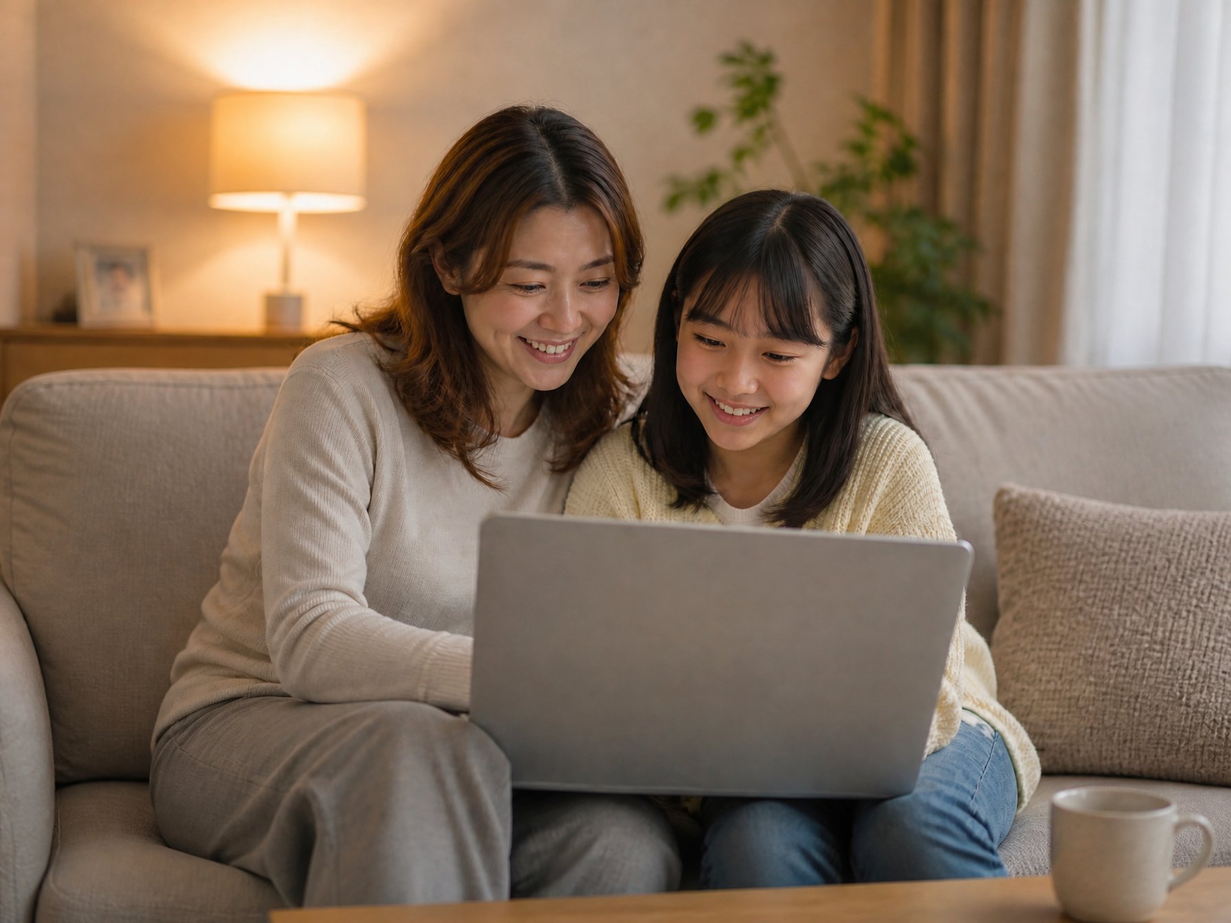A mother and daughter smiling at a laptop together on the sofa